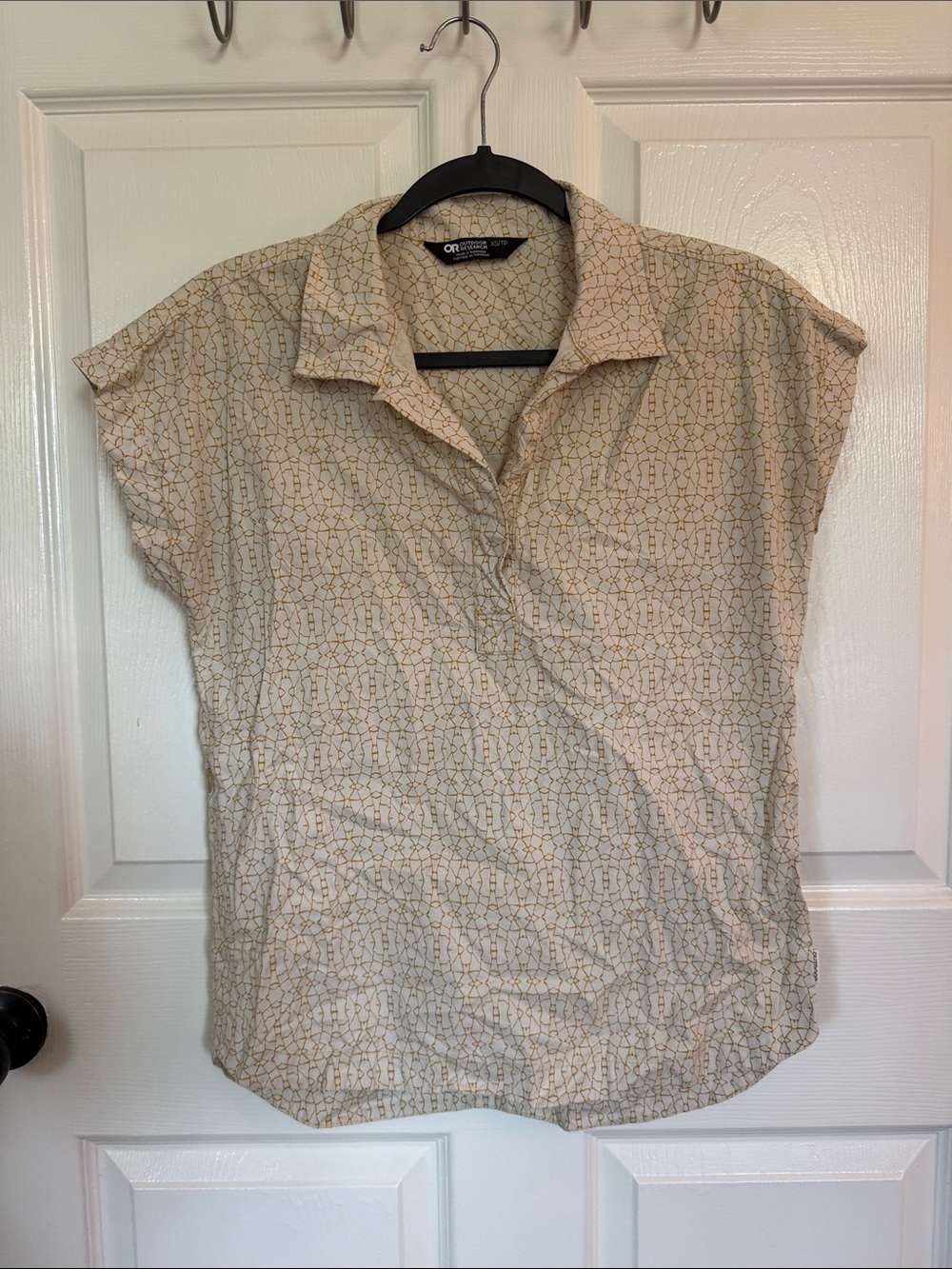 Outdoor Research Cream Short-Sleeve Button-Down with Tan Geometric Print